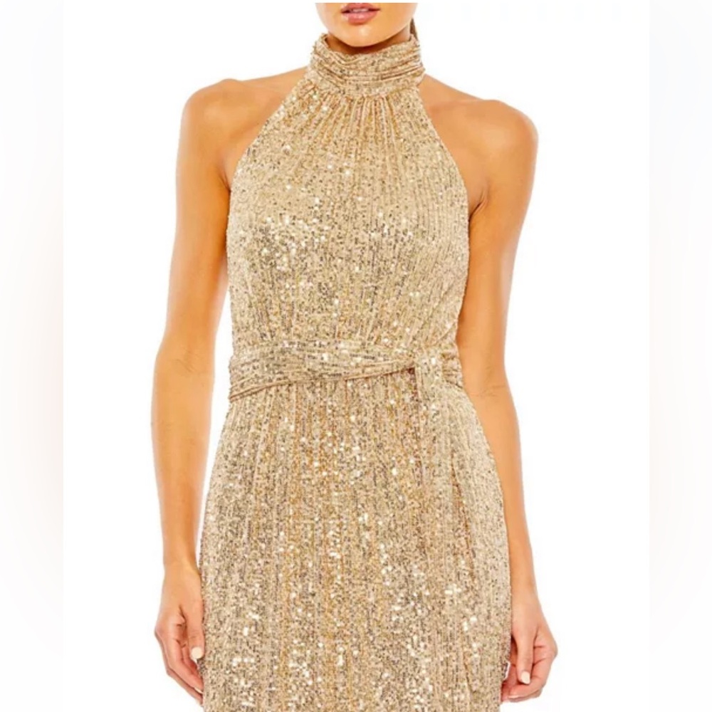 NWT Ieena for‎ Mac Duggal Sequined Halter Neck Belted Soft Tie Dress - Picture 3 of 9